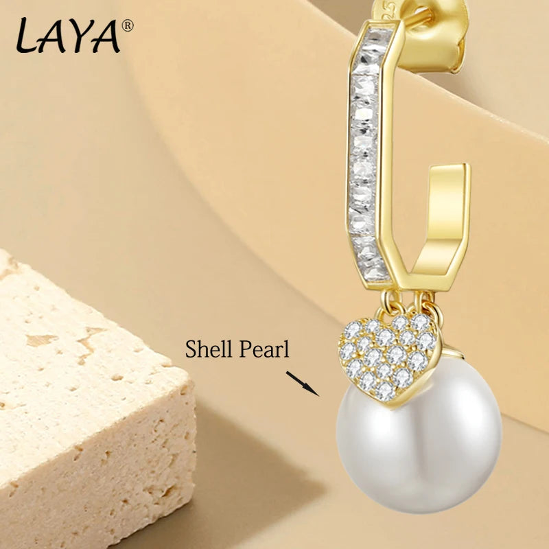 Sterling Silver Sparkling Zircon Shell Pearl Drop Earrings for Women