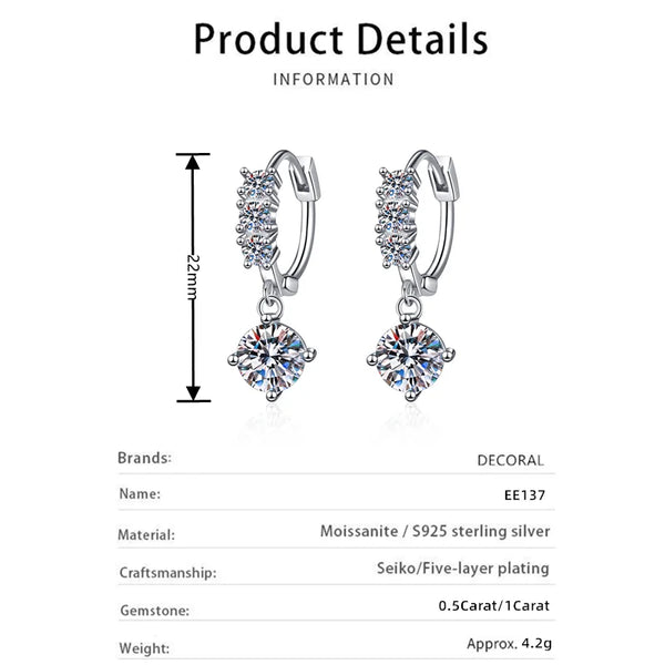 925 Sterling Silver 1 CT Diamond Simulant Drop Earrings for Women