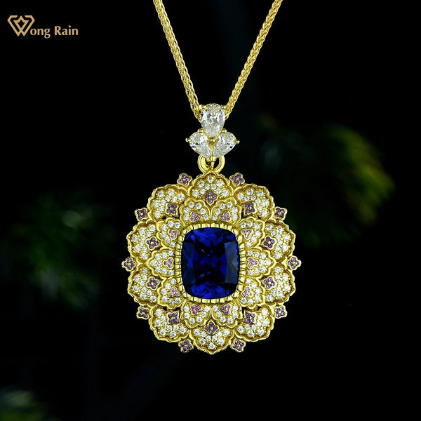 Wong Rain 18K Gold Plated 925 Sterling Silver 7CT Sapphire High Carbon Diamond Gems Luxury Pendant Necklace Anniversary Jewelry