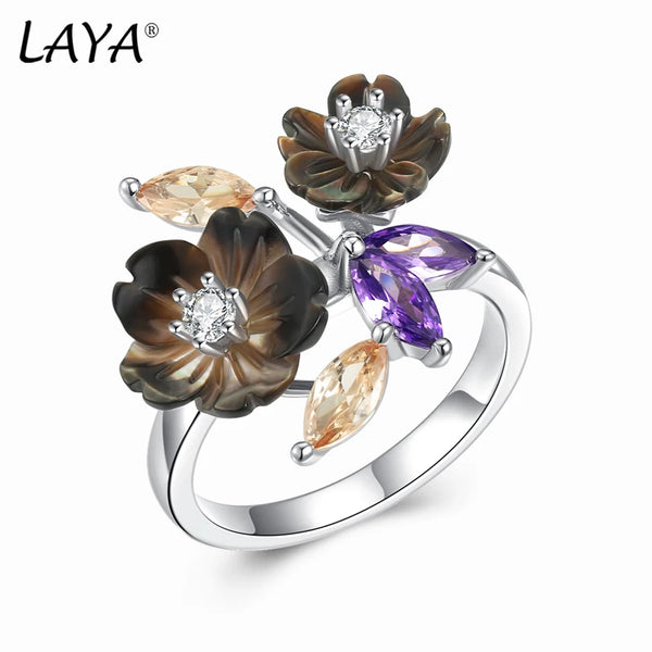 Sterling Silver Colorful Zircon Flower Ring For Women