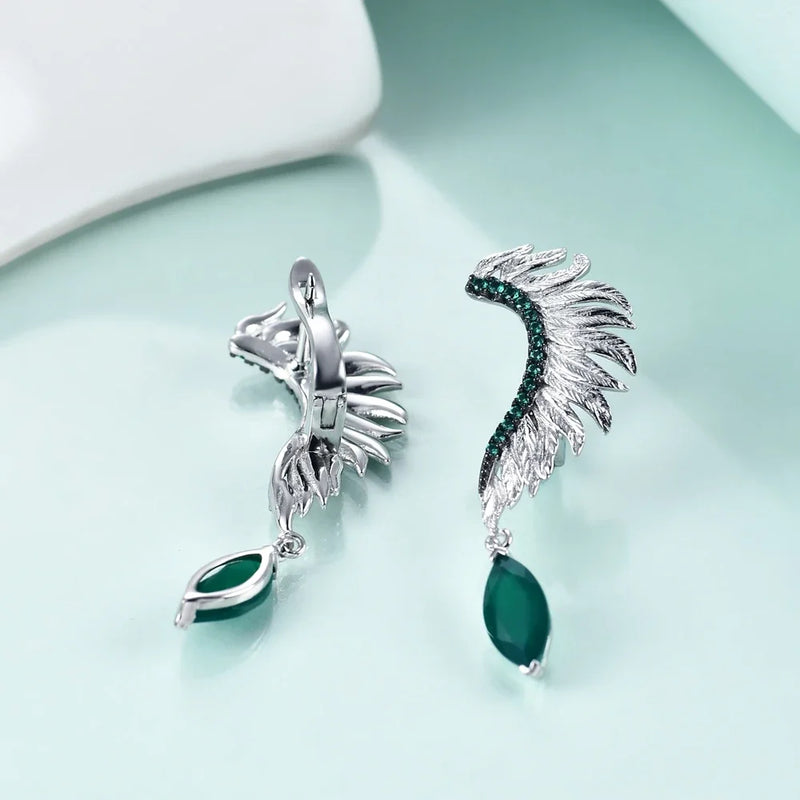 Sterling Silver Angel Wings Feather Earrings with Green Agate and Amethyst for Women