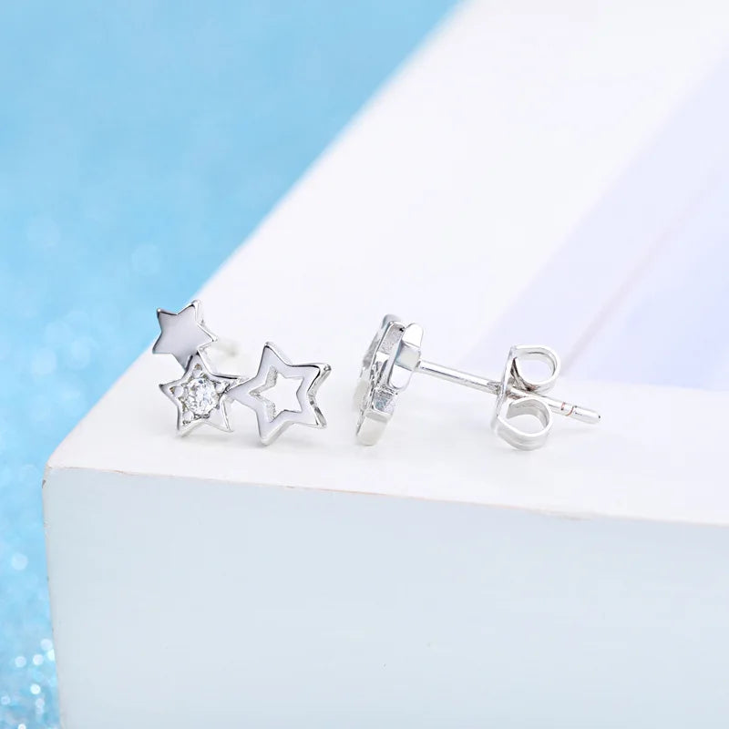 Sterling Silver Crystal Zircon Star Stud Earrings for Women