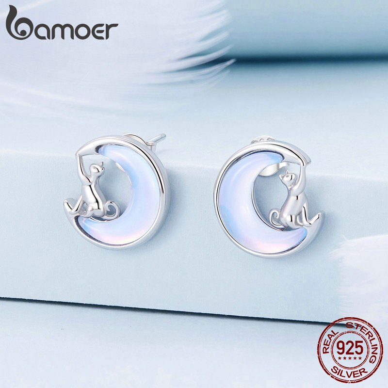 Sterling Silver Moon & Cat Stud Earrings for Women