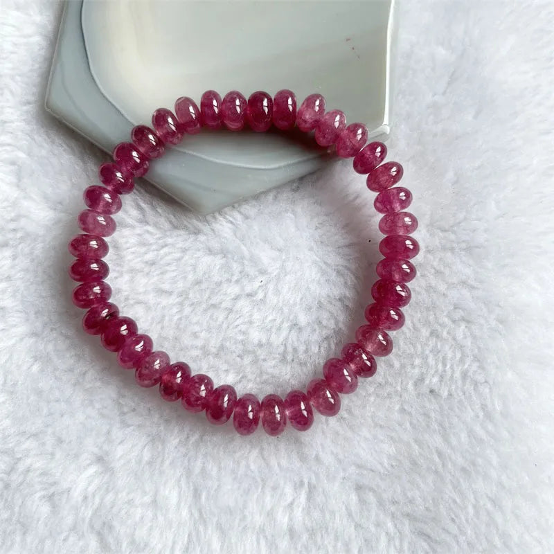 Sterling Silver Oval Pink Red Rubellite Bracelet, 8MM Beads, Beaded Hand Chain for Women