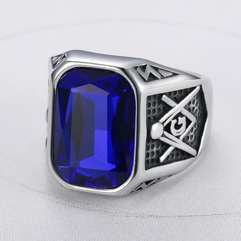 Titanium Stainless Steel Blue Red Black Gemstone A G Letter Carving Rings for Men