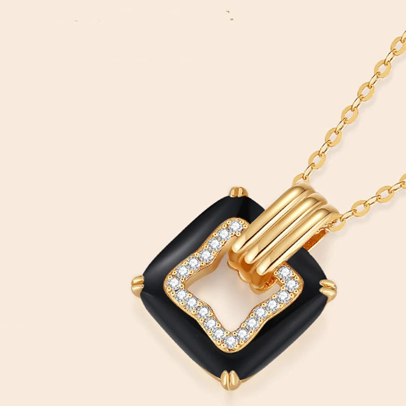 Sterling Silver Black Agate & Zircon Hollow Square Pendant Necklace for Women