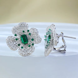 925 Sterling Silver Emerald & Diamond Flower Ear Studs with 4x6 mm Gemstones