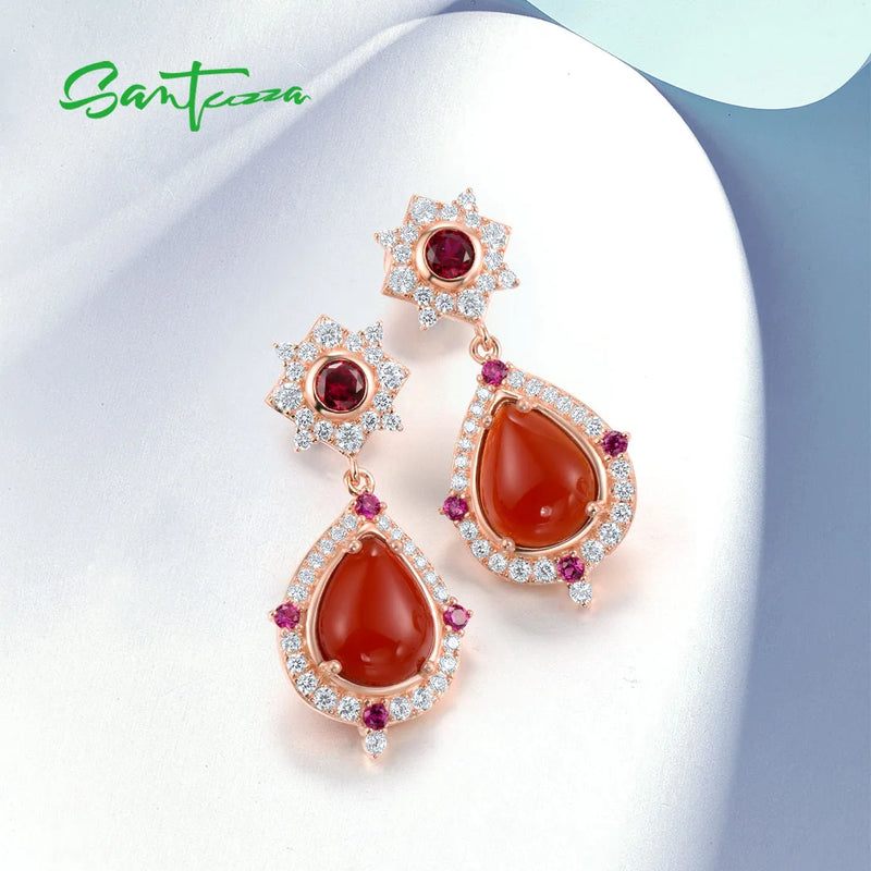 925 Sterling Silver Drop Earrings with Dyed Red Agate Created Ruby