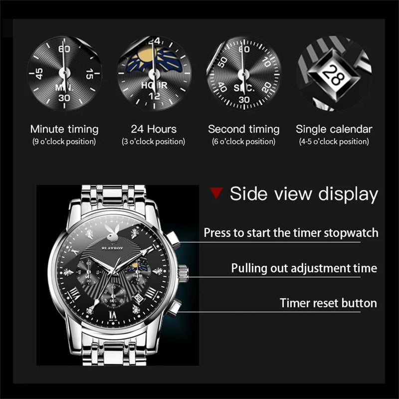 Stainless Steel Multifunction Watch for Men