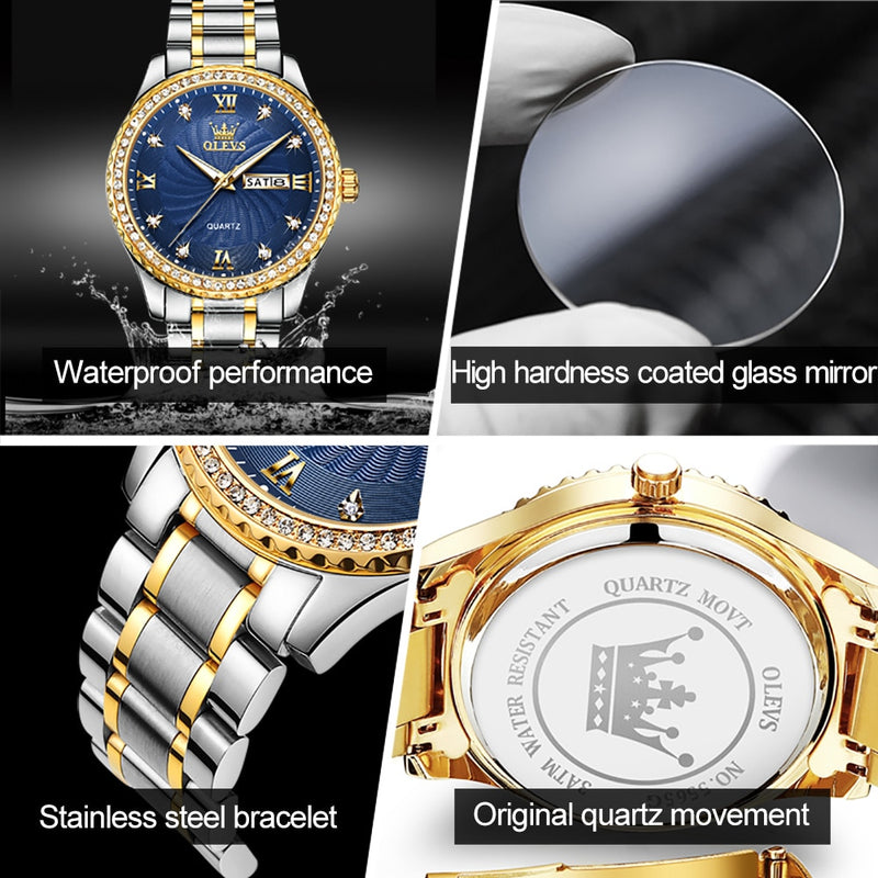 Stainless Steel Diamonds Quartz Luminous Date Week Wrist Watch for Men