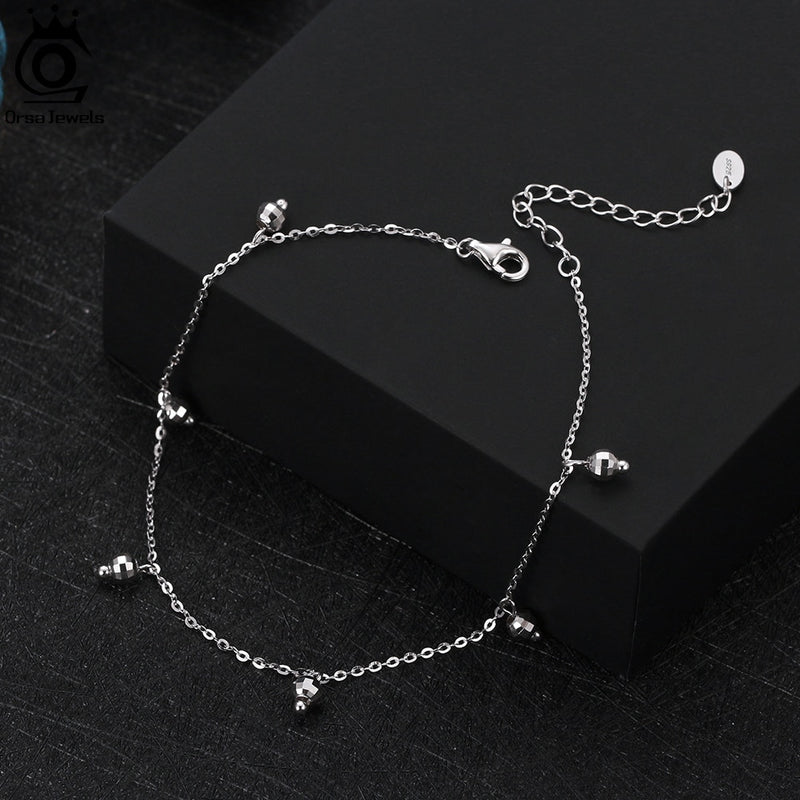 Silver 925 Cable Chain Round Beads Ankle Bracelet for Women