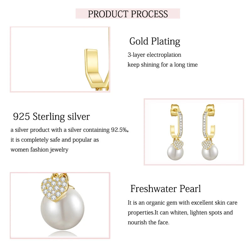 Sterling Silver Sparkling Zircon Shell Pearl Drop Earrings for Women