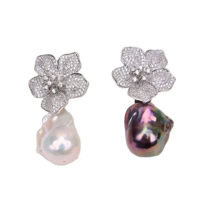 Gold Plated White Baroque Keshi Pearls & Zircon Flower Stud Earrings for Women