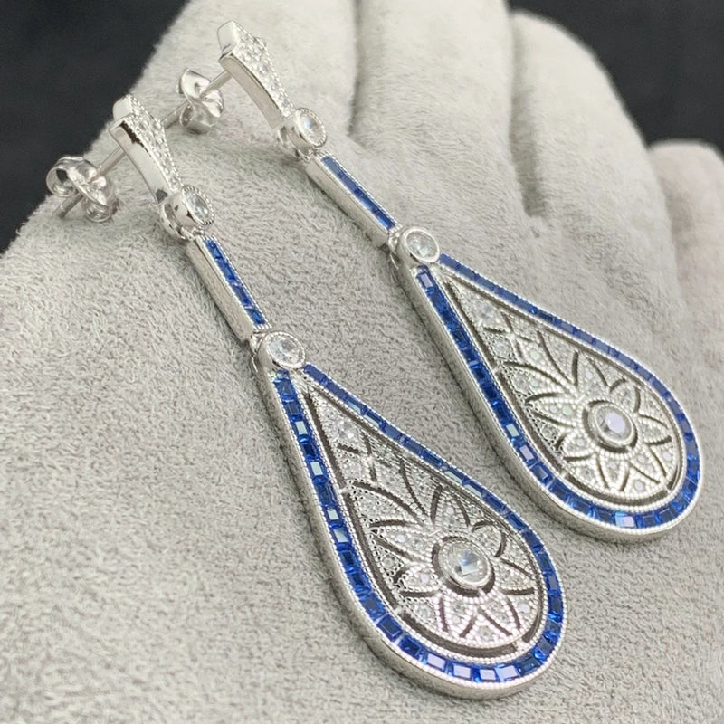 Sterling Silver Lab Sapphire High Carbon Diamond Gemstone Water Drop Earrings