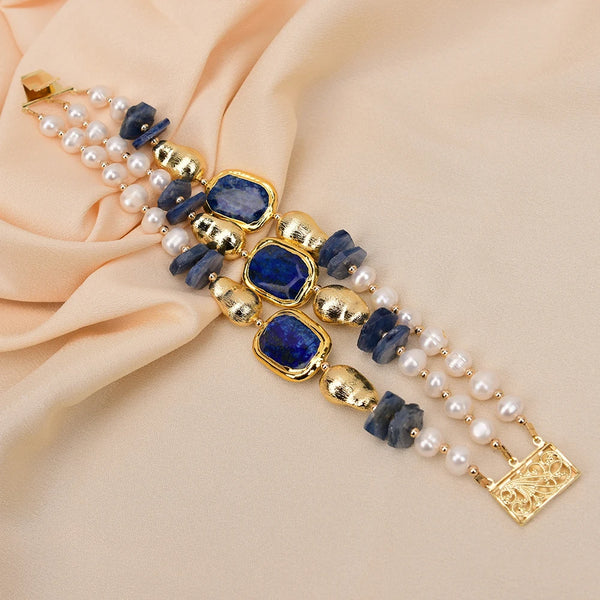 Gold Plated Kyanite, Pearl & Lapis Lazuli Bracelet for Lady