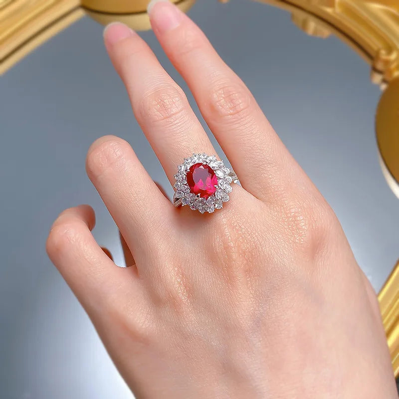 Sterling Silver Pigeon Blood Red Simulation Diamond Flower Cluster Ring for Women