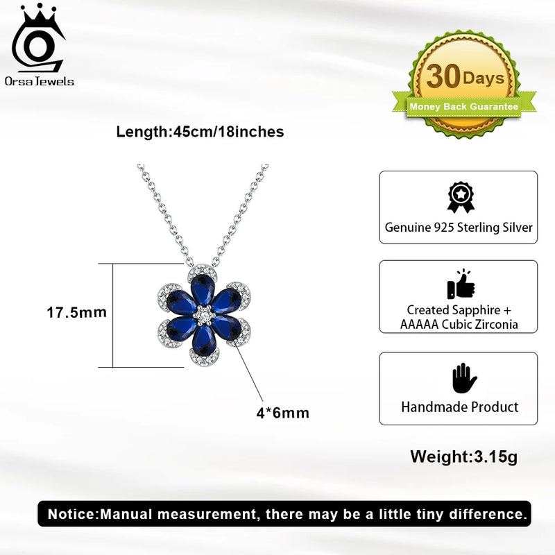 925 Sterling Silver Created Sapphire Flower Necklace for Women