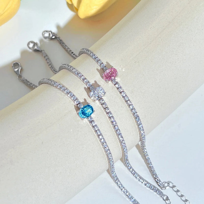 Sterling Silver Tennis Bracelet with Oval Simulated Gemstones for Women