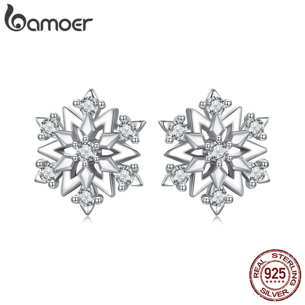 925 Sterling Silver Snowflake Studs with CZ, for Women