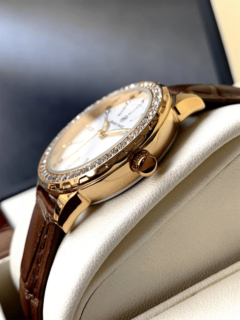 Women's Fashion Quartz Waterproof Brown Leather Wristwatch for Elegant Parties