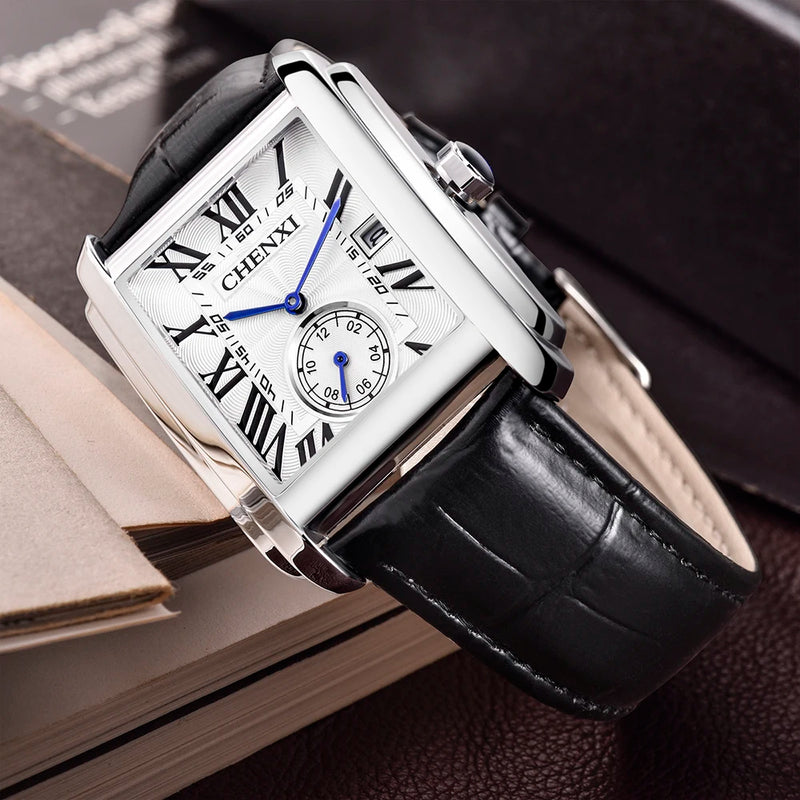 Stainless steel leather strap square dial luminous quartz watch for men.