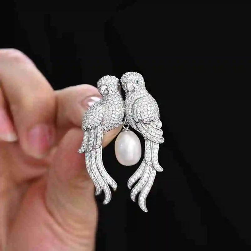 925 Sterling Silver Freshwater Pearl Diamond Cocktail Brooch for Women