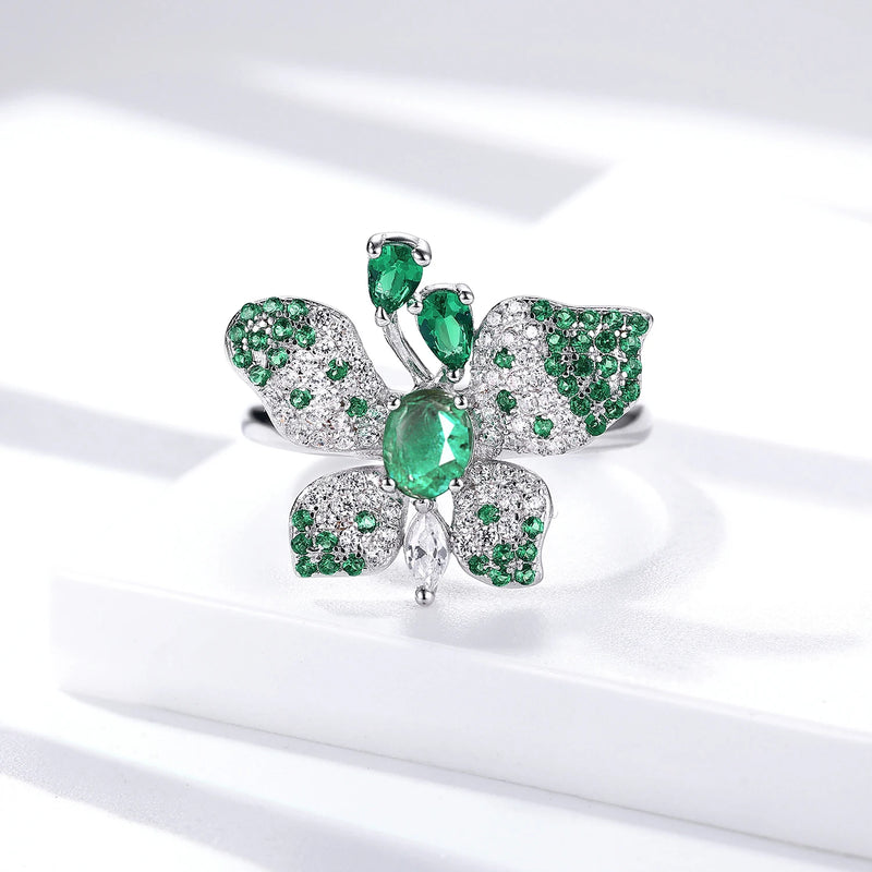 925 Sterling Silver Adjustable Emerald Butterfly Ring for Women