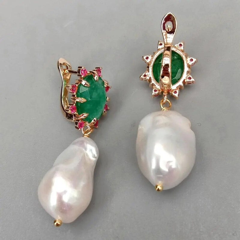 Silver Cultured White Keshi Pearls and Green Aventurine Drop Earrings for Women