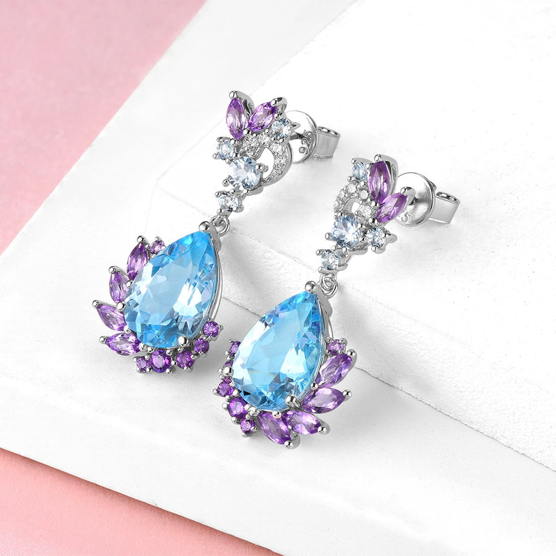 Sterling Silver Blue Topaz & Amethyst Drop Earrings 8.20 ctw for Women