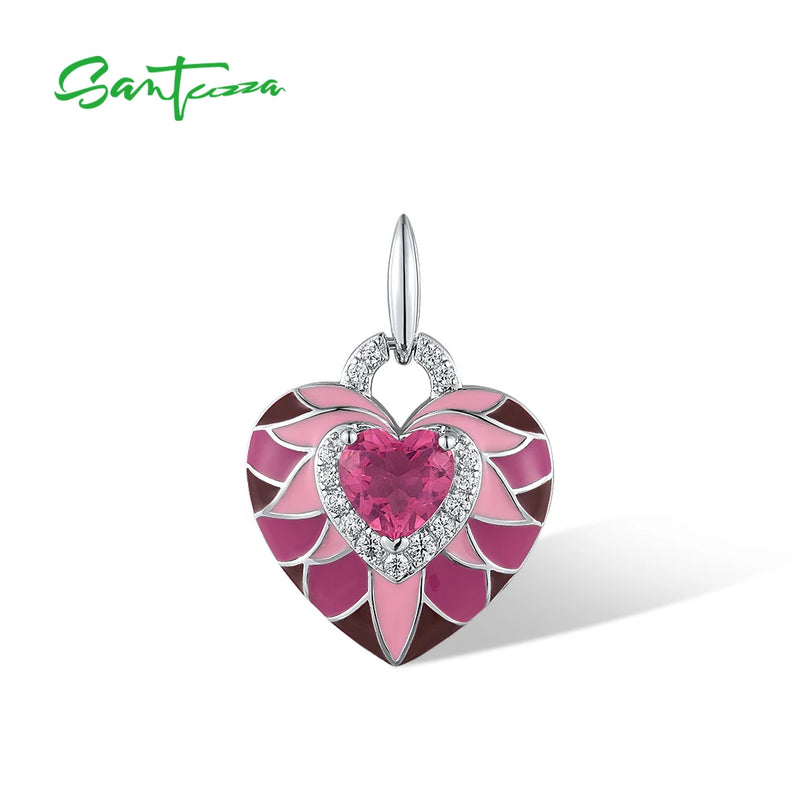 925 Sterling Silver Pendant Earrings Ring with White CZ and Pink Heart Enamel