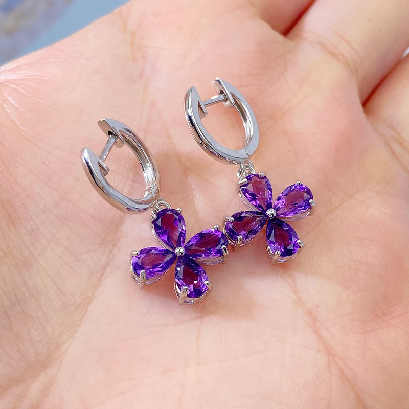 Sterling Silver Amethyst Flower Drop Earrings for Women