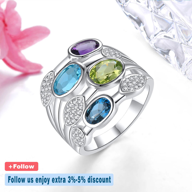 Solid Silver 4.2 ctw Blue Topaz Peridot Amethyst Ring for Women