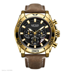 Gold Leather Strap Quartz Chronograph Watch for Men