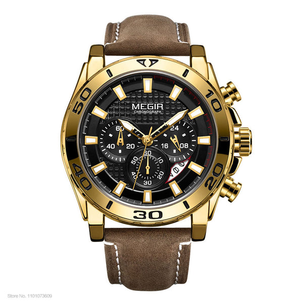 Gold Leather Strap Quartz Chronograph Watch for Men