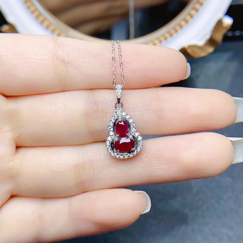 Sterling Silver Natural Ruby Gourd Pendant Necklace for Women