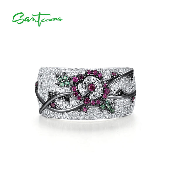 925 Sterling Silver Sweet Flower Ring with Red & Green Spinel & Cubic Zirconia for Women