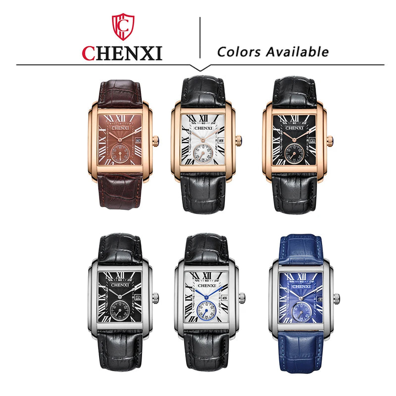 Stainless steel leather strap square dial luminous quartz watch for men.