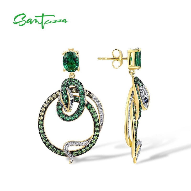 925 Sterling Silver Green Spinel and White CZ Ombre Snake Stud Earrings for Women