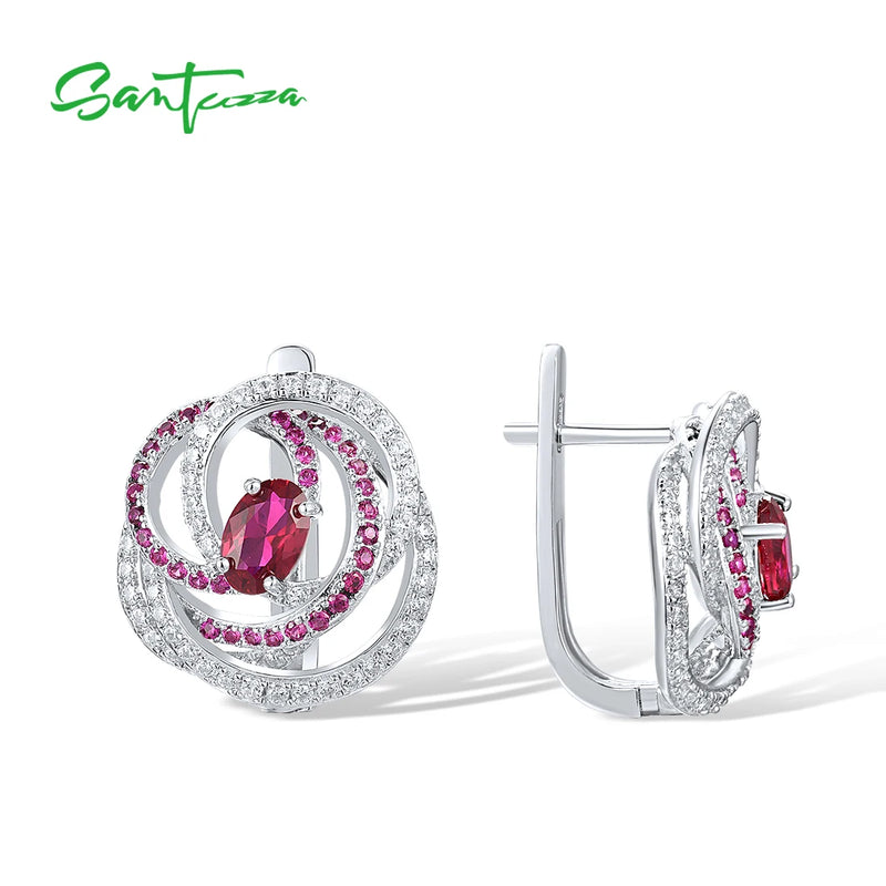 925 Sterling Silver Created Ruby & White CZ Earrings for Women