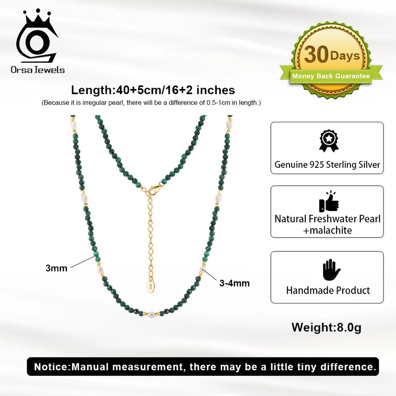 925 Silver Green Malachite & Freshwater Pearls Beaded Collar Necklace for Women