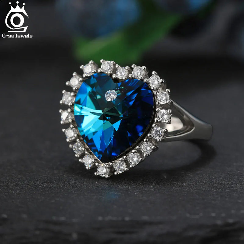 925 Sterling Silver Blue Crystal Ring for Women