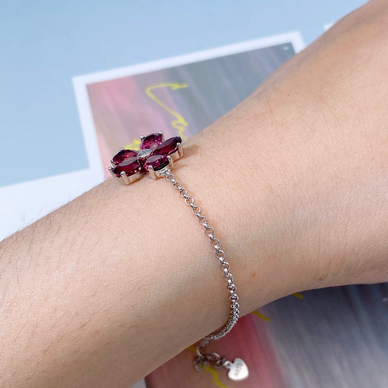 925 Sterling Silver Pyrope Red Stone Flower Bangle Bracelet for Women