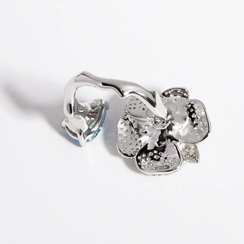 925 Sterling Silver Aquamarine and Diamond Flower Open Ring for Women