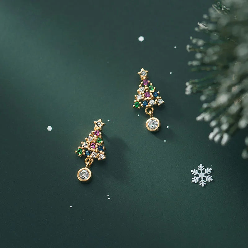 Sterling Silver Cubic Zirconia Christmas Tree Stud Earrings for Women