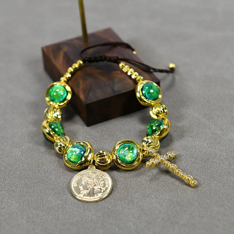 Gold Plated Green Murano Glass Cross & Coin Charm Bracelet for Women