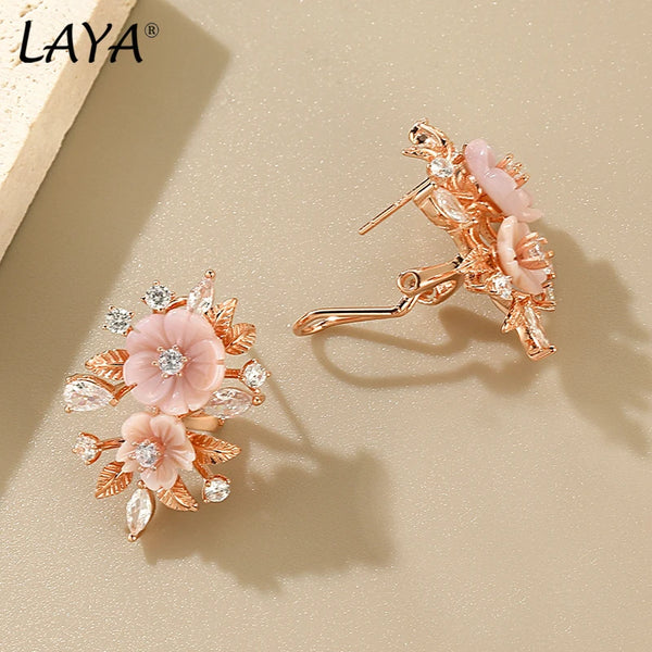 Sterling Silver Shell Flower Earring with Pink Zircon for Women