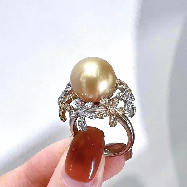 925 Silver Freshwater Pearl and Diamond Jewelry Cluster Flower Ring for Women