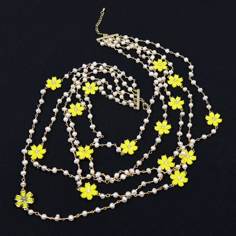 Gold Plated White Pearl 5 Rows Necklace with Yellow Jade Crystal Flower Connector for Women