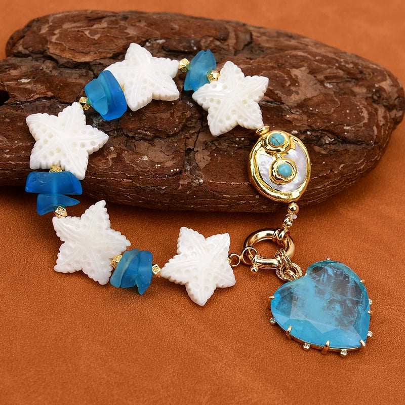 Gold Plated Bracelet with White Sea Shell, Freshwater Pearl, Starfish, Turquoise & Blue Quartz Pendant