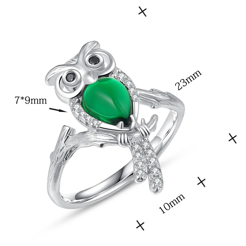 925 Sterling Silver Ring with Green Crystal Owl Design for Women